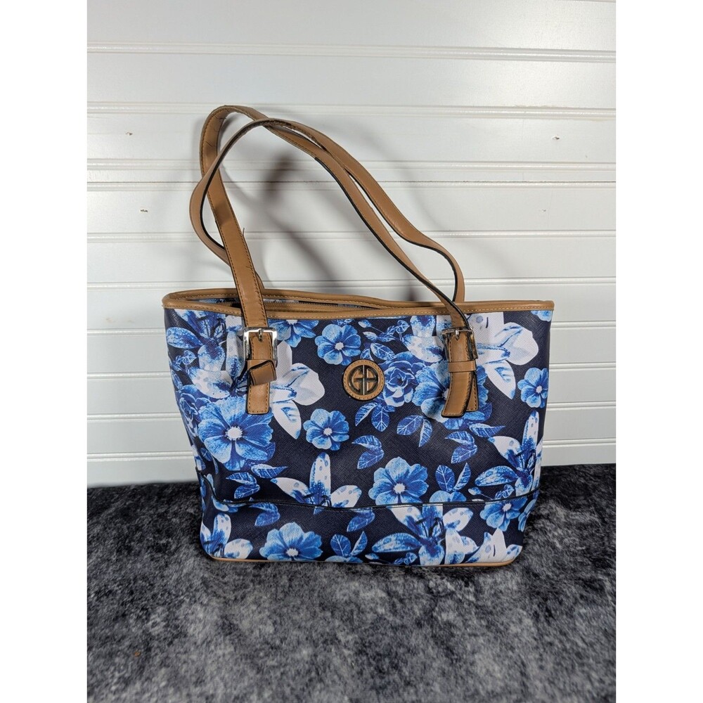 Giani Bernini Navy with Blue and White Flower Design Tote Handbag Excellent Cond